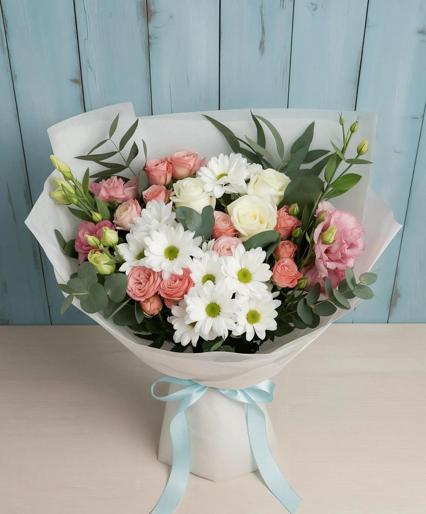Букет цветов из: Розы, Лизиантусы и Хризантемы в Видяево