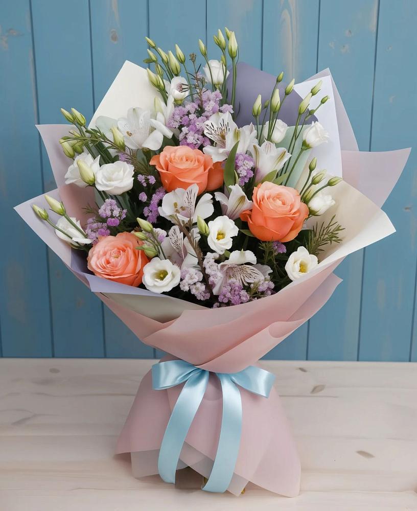 Букет цветов из: Лизиантусы, Розы, Альстромерии и Гипсофила в Видяево