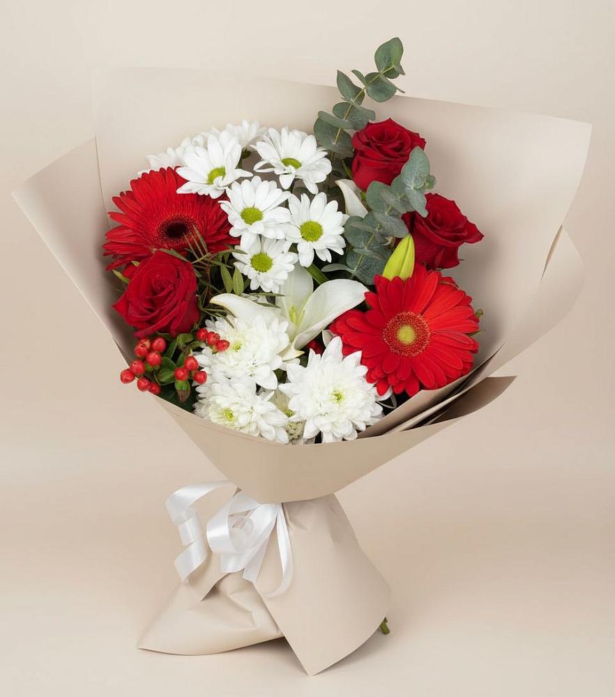 Букет цветов из: Розы, Хризантемы, Герберы и Лилии в Видяево