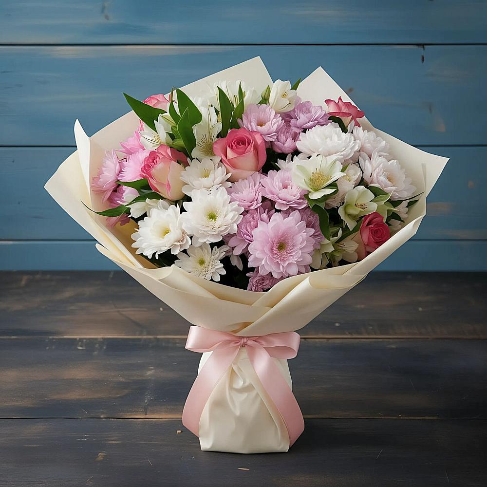 Букет цветов из: Хризантемы, Альстромерии и Розы в Видяево